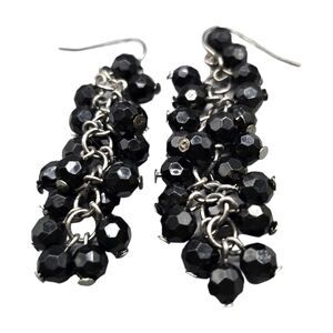 Sparkly Black Earrings Beads AB Like Coated Pierced Clustered Cha - Cha Style